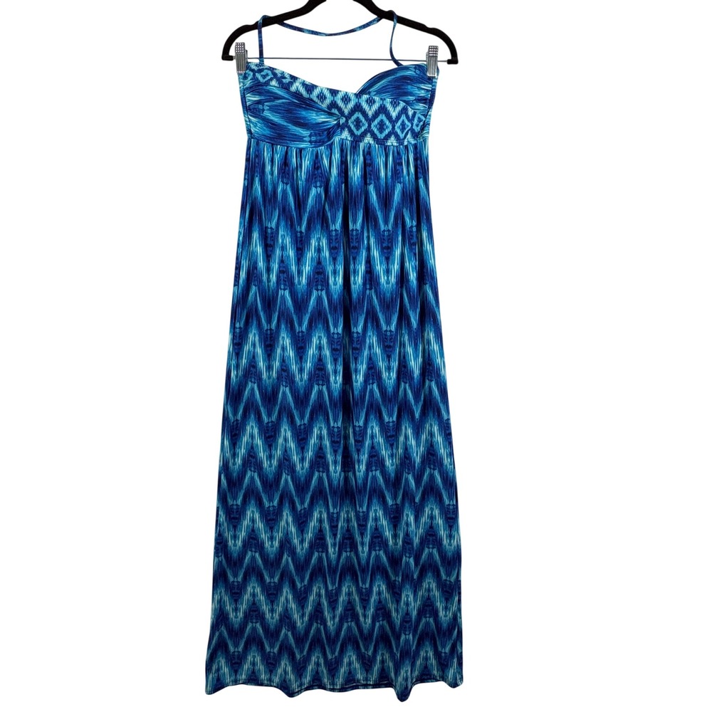 La Blanca Blue Ikat Geometric Sleeveless Tie Back Maxi Dress M